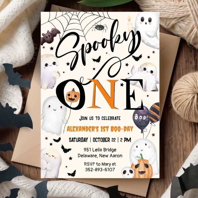 Spooky One Cute Ghost Halloween 1st Birthday Party Invitation (Creator Uploaded)