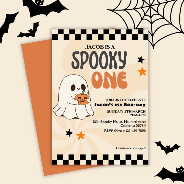 Spooky one cute ghost Retro boy first birthday Invitation (Creator Uploaded)