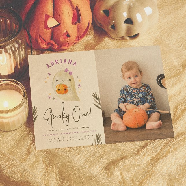 Spooky One Cute Girl Halloween 1st Birthday Photo Invitation (Creator Uploaded)