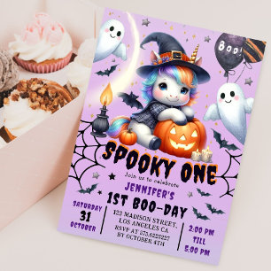 Spooky ONE Cute Girl Purple Halloween 1st Birthday Invitation