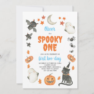 Spooky One Cute Halloween Boy Blue 1st Birthday Invitation