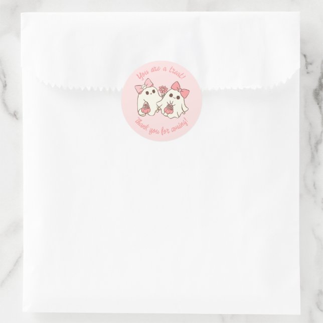 Spooky One Cute Pink Ghost & Bows 1st Birthday Classic Round Sticker (Bag)