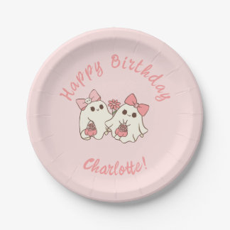 Spooky One Cute Pink Ghost & Bows 1st Birthday Paper Plate