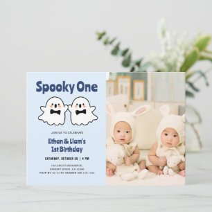 Spooky One Cute Twin Boys 1st Birthday Photo Invitation