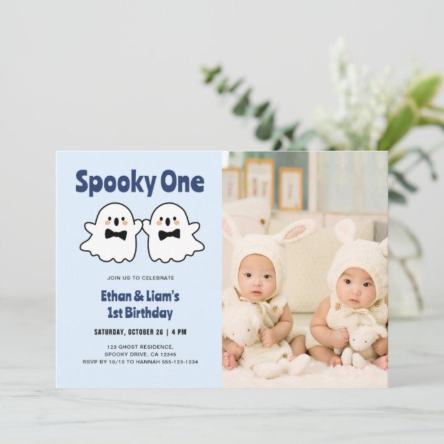 Spooky One Cute Twin Boys 1st Birthday Photo Invitation (Standing Front)
