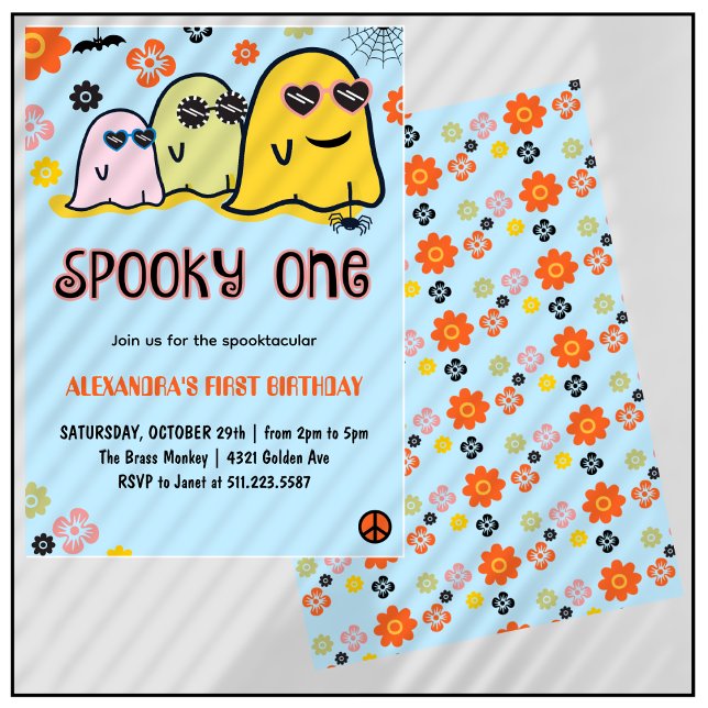  Spooky one Ghost Groovy Halloween 1st birthday Invitation (Halloween-1st-birthday-Invitation-Spooky one-Ghost-Groovy-blue-1)