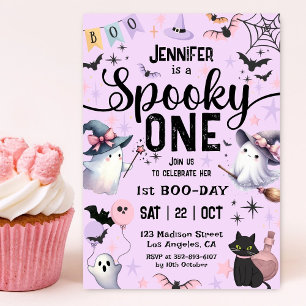 Spooky One Ghost Halloween 1st Birthday Girl Cute Invitation