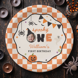 Spooky One Gingham Halloween Birthday Paper Plates