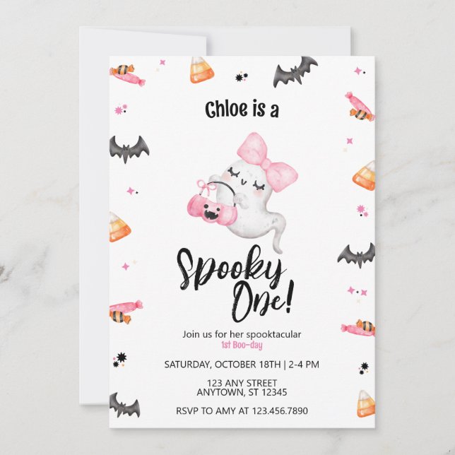 Spooky One Girl 1st Boo-Day Halloween Birthday Invitation (Front)
