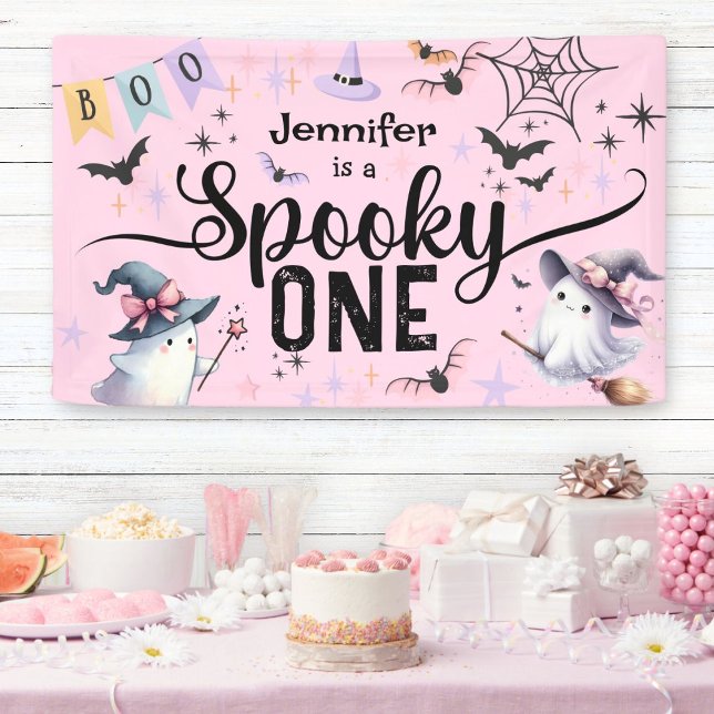 Spooky One Girl Cute Ghost Halloween 1st Birthday Banner (Creator Uploaded)