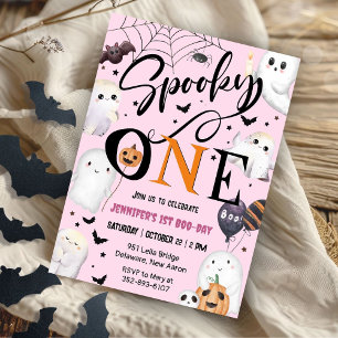 Spooky One Girl Pink Halloween 1st Birthday Invitation