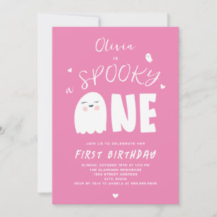 Spooky One Girls Pink Ghost Halloween 1st Birthday Invitation