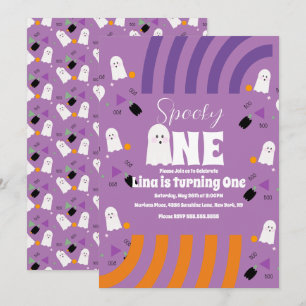 Spooky One Groovy Ghost Halloween Birthday Purple Invitation
