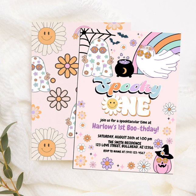 Spooky One Groovy Ghost Hippie Halloween Birthday Invitation (Creator Uploaded)