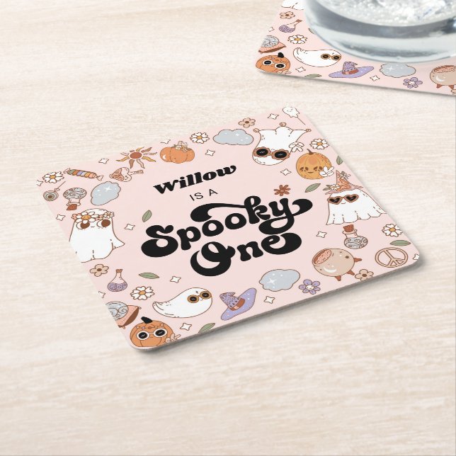 Spooky One Groovy Halloween 1st Birthday Square Paper Coaster (Angled)