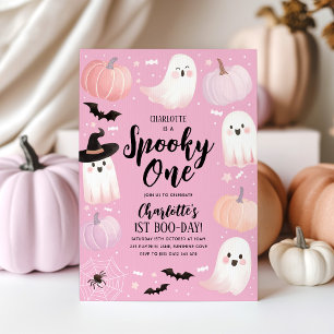 Spooky One Halloween 1st Birthday Girl Pink Ghost Invitation