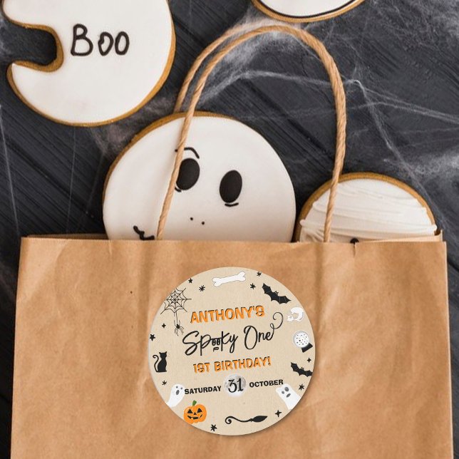 Spooky One! Halloween 1st Birthday Party Classic Round Sticker (Creator Uploaded)