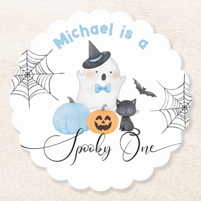 Spooky One Halloween Birthday blue Boo Paper Coaster (Front)