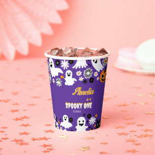 Spooky one Halloween birthday groovy retro daisies Paper Cups