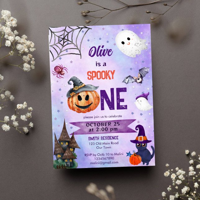 Spooky one Halloween birthday party template (Spooky one Halloween girls birthday party template invitation cute ghost pumpkin black cat bat)