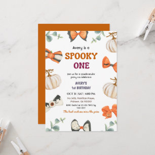 Spooky One Halloween Birthday Pumpkin Bow Cute Invitation
