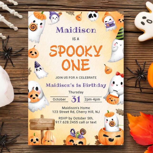 Spooky One Halloween Cute Ghost Birthday Party Inv Invitation (Creator Uploaded)