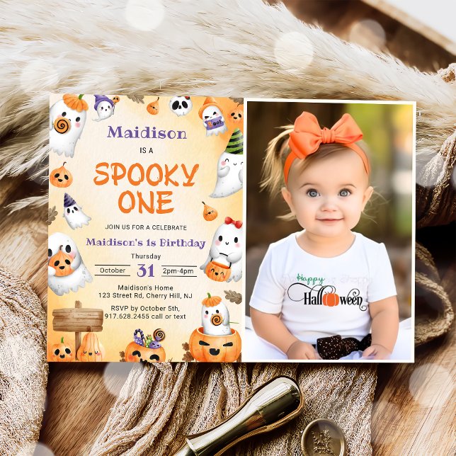 Spooky One Halloween Cute Ghost Birthday Photo  Invitation (Creator Uploaded)