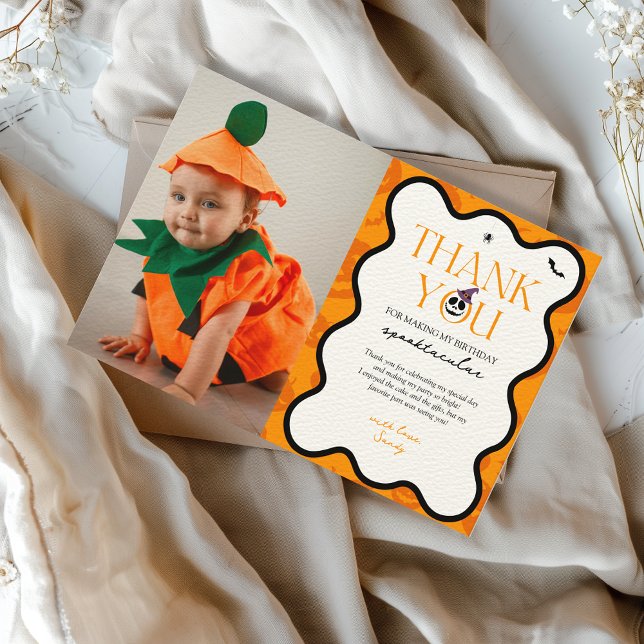 Spooky One Halloween Fall Scary 1st Birthday Photo Thank You Card (thank you card spooky one halloween 1st birthday)