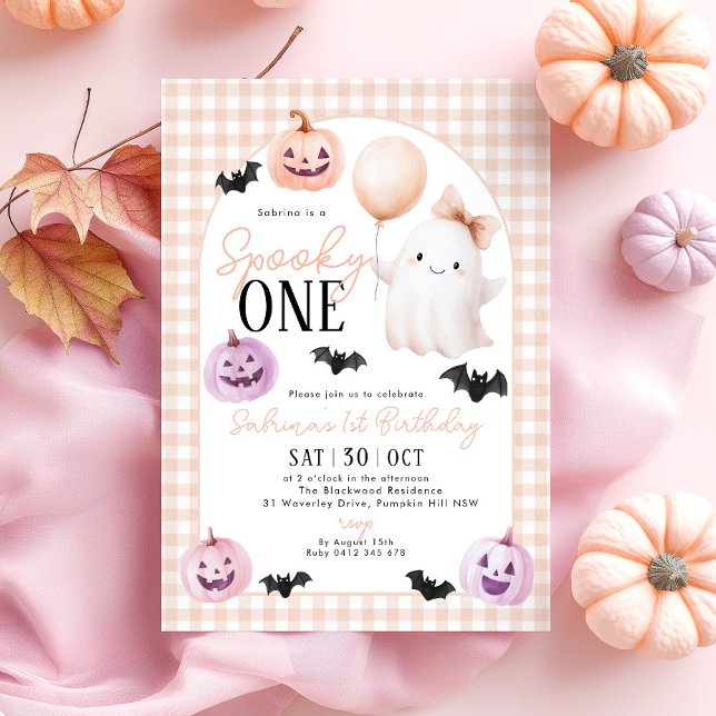 Spooky One Halloween Ghost Orange 1st Birthday Invitation (Spooky One! Orange Gingham Halloween 1st Birthday invitation with cute pumpkin, ghosts and bat. )
