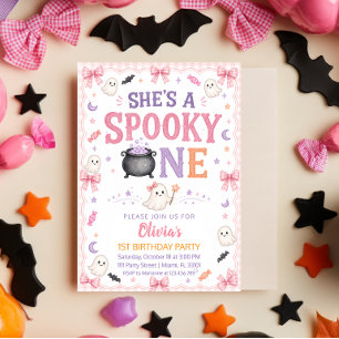 Spooky One Halloween Ghost Pink 1st Birthday Invitation
