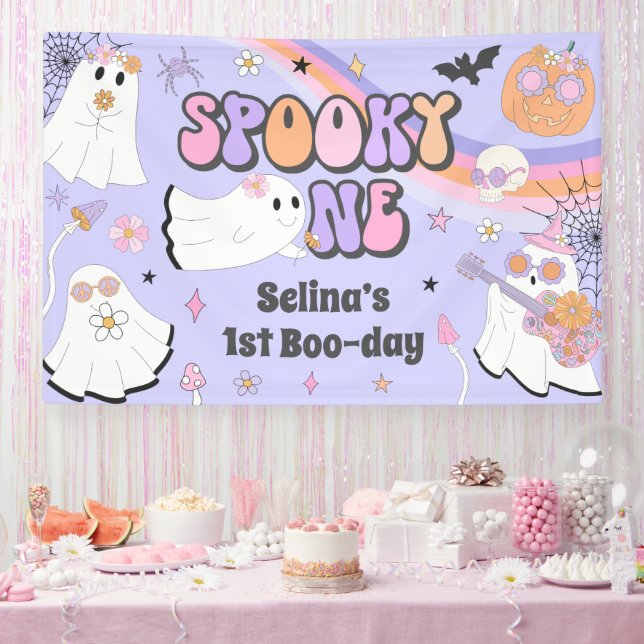 Spooky One Halloween Groovy Ghost 1st Birthday Banner (Party)