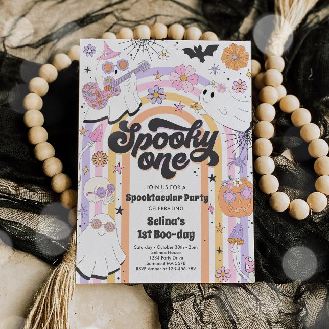 Spooky One Halloween Groovy Ghost 1st Birthday Invitation (Creator Uploaded)