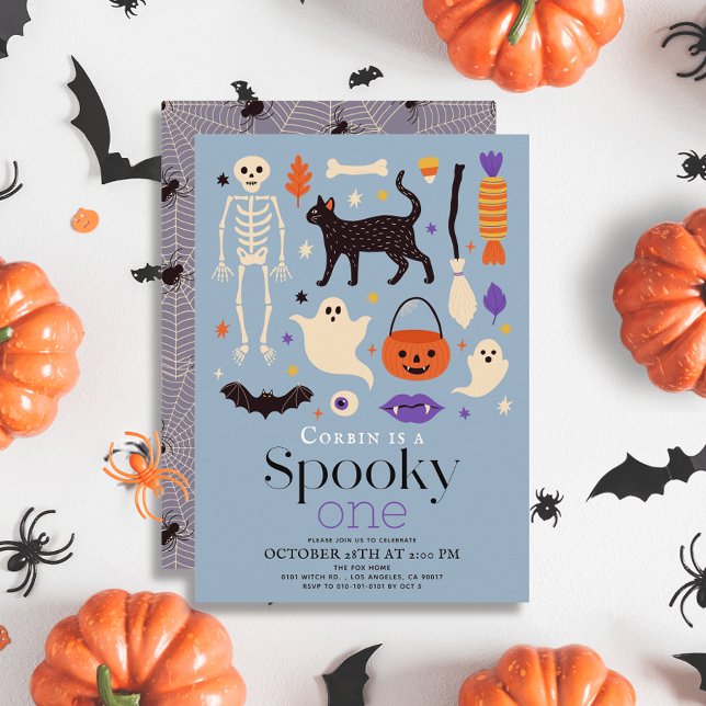 Spooky One Halloween Motifs Blue 1st Birthday Invitation (Creator Uploaded)