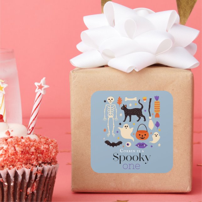 Spooky One Halloween Motifs Blue 1st Birthday Square Sticker (Party)