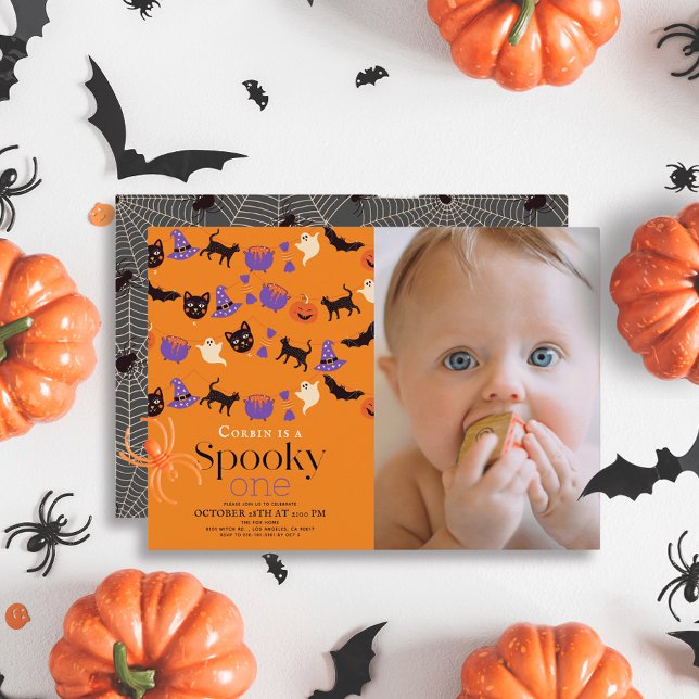 Spooky One Halloween Orange 1st Birthday Photo Invitation (Creator Uploaded)