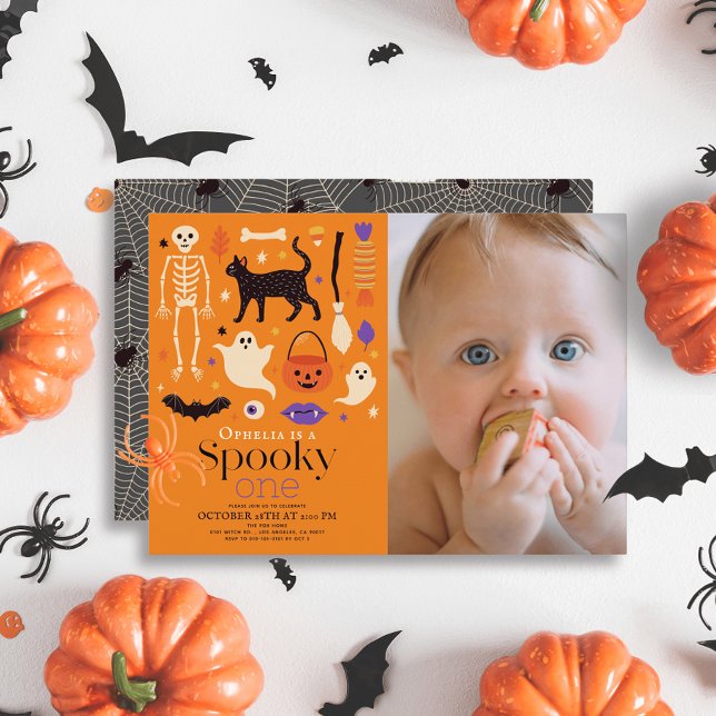 Spooky One Halloween Orange 1st Birthday Photo Invitation (Creator Uploaded)
