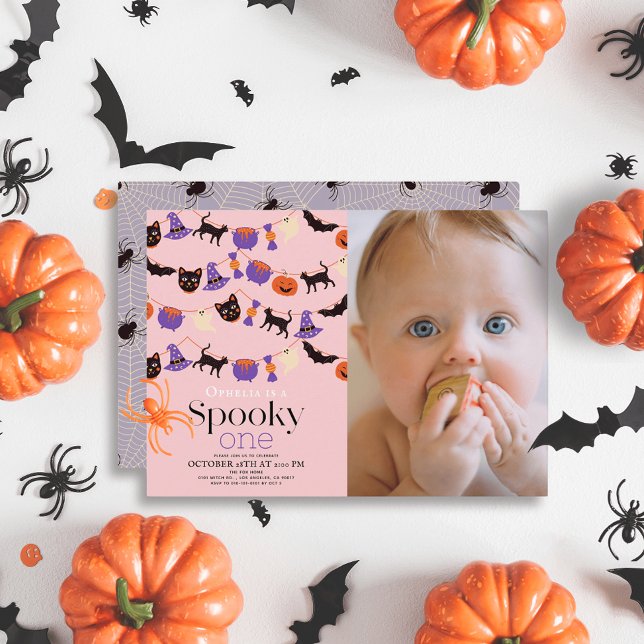 Spooky One Halloween Pink 1st Birthday Photo Invitation (Creator Uploaded)