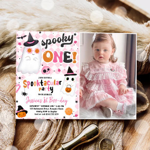 Spooky One Halloween Pink Cute Ghost 1st Birthday Invitation