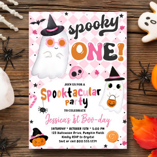 Spooky One Halloween Pink Cute Ghost 1st Birthday Invitation
