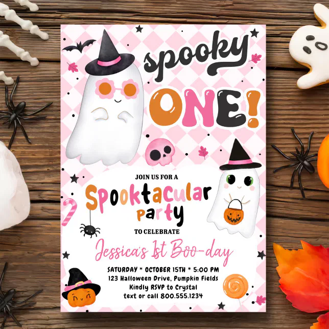 Spooky One Halloween Pink Cute Ghost 1st Birthday Invitation | Zazzle