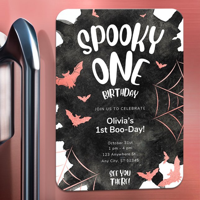 Spooky One Invitation Halloween Birthday Pink Bats Magnet (Spooky One Invitation Halloween Birthday Template,EDITABLE Black Pink Cute Bats First Birthday Invit)