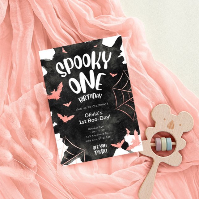 Spooky One Invitation Halloween Birthday Pink Bats Postcard (Spooky One Invitation Halloween Birthday Template,EDITABLE Black Pink Cute Bats First Birthday Invit)