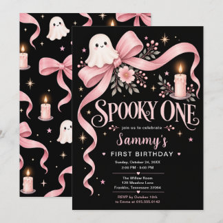 Spooky One Pink Bow Ghost 1st Birthday Invitation
