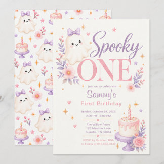 Spooky One Pink Floral Ghost 1st Birthday Invitation