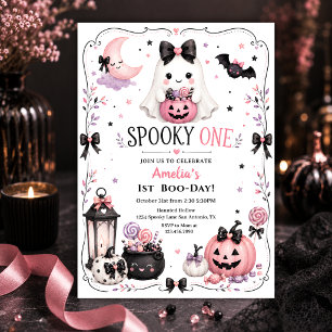 Spooky One Pink Ghost Girl 1st Birthday Invitation