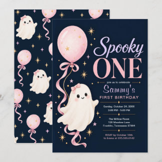 Spooky One Pink Ghost Halloween 1st Birthday Invitation