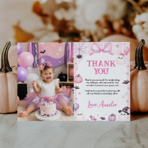 Spooky One Pink Ghost Halloween Birthday Photo Thank You Card