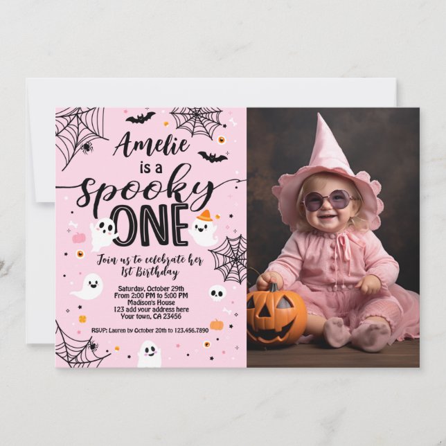Spooky One Pink Ghost Halloween Invite with Photo (Front)