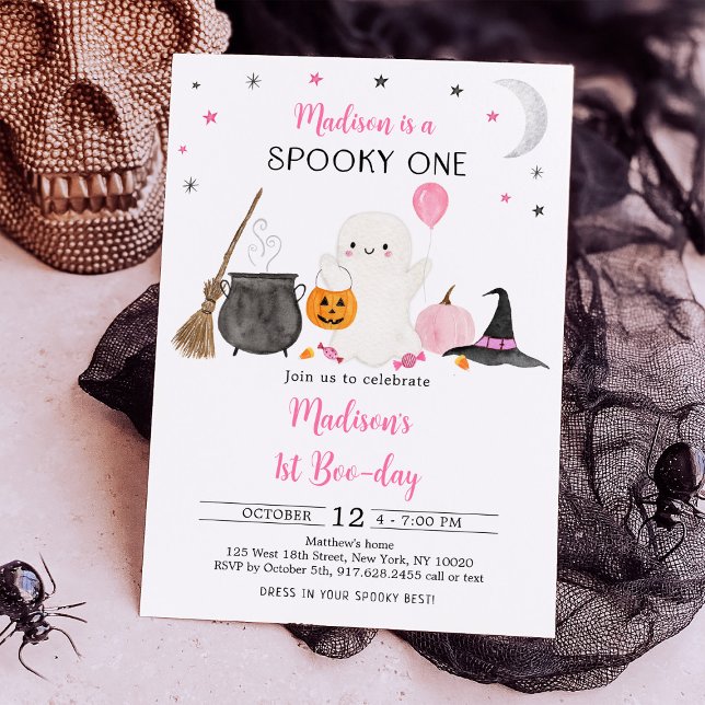 Spooky One Pink Girl Ghost Halloween Birthday Invitation (Creator Uploaded)