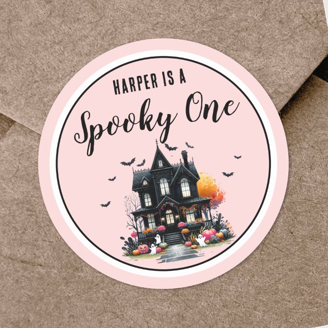 Spooky One Pink Halloween 1st Birthday Party Classic Round Sticker (Spooky One Pink Halloween 1st Birthday Party Classic Round Sticker)